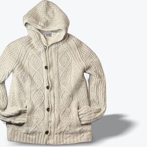 Sherpa Lined Chunky Cable Knit Hooded Cardigan Oatmeal Sweater Cottagecore Med